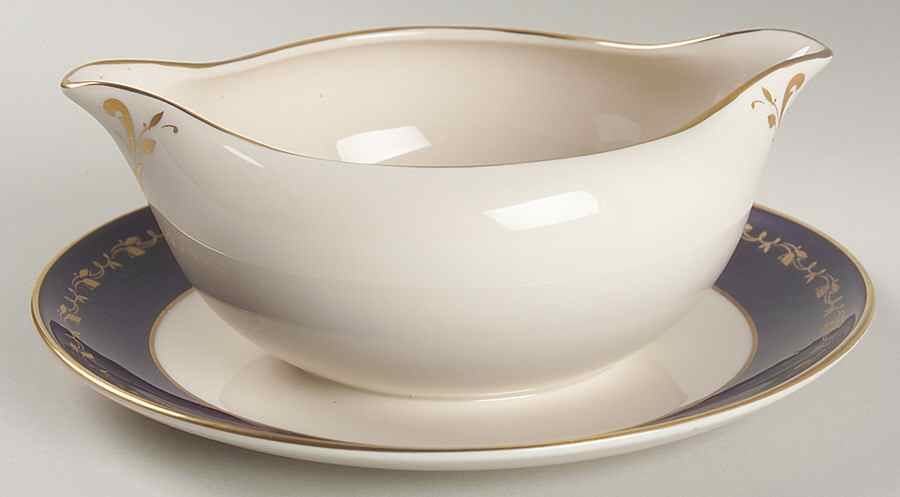 Baronial Cobalt Blue Gravy Boat with Attached Underplate by Gorham-1