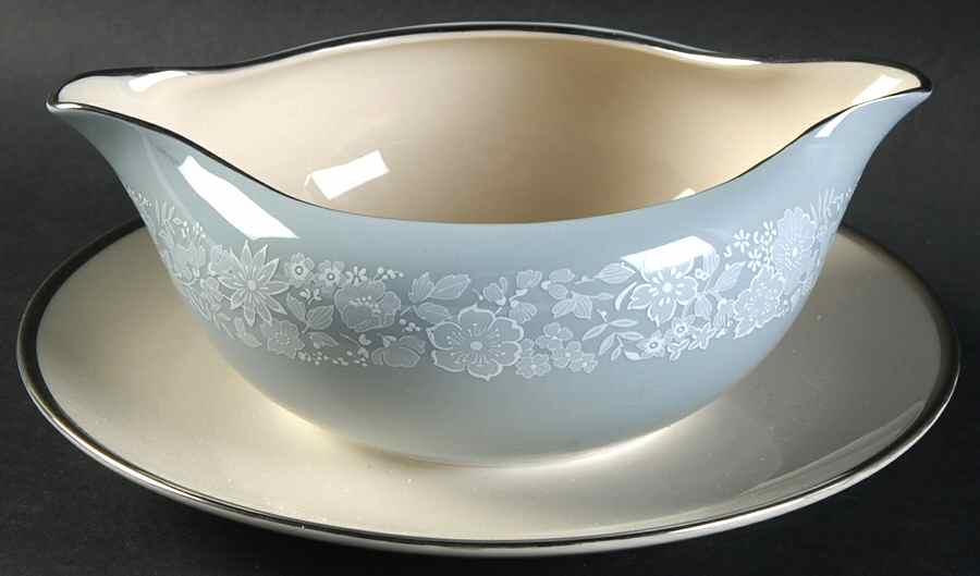 Blue Bouquet Gravy Boat with Attached Underplate by Gorham-1