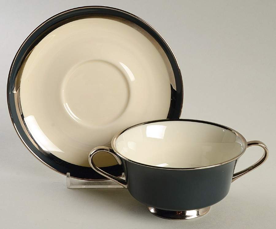 Black Contessa Footed Cream Soup Bowl & Saucer Set by Gorham-1