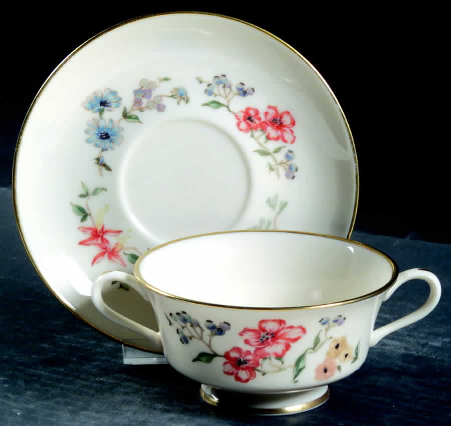 Chinoiserie Footed Cream Soup Bowl & Saucer Set by Gorham-1