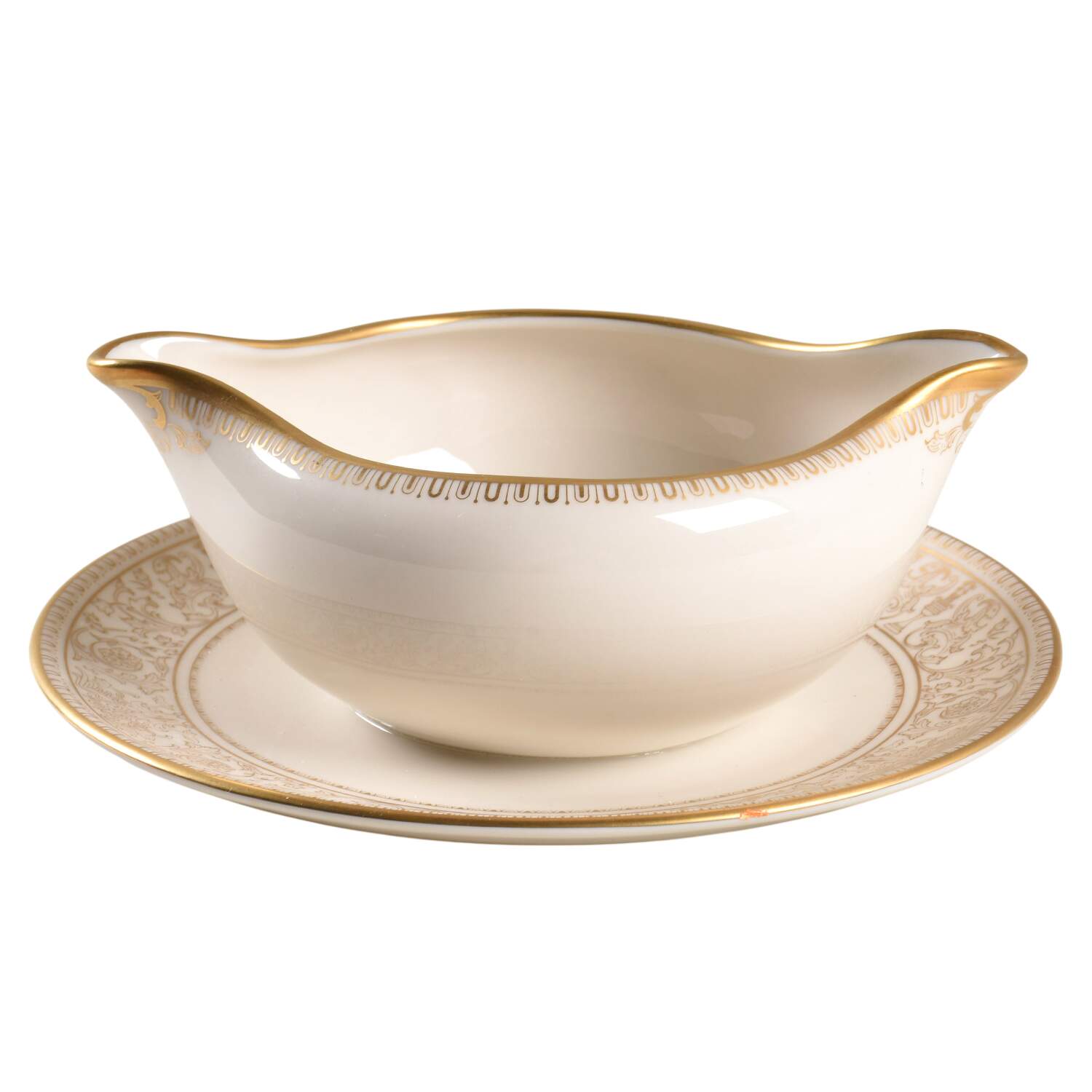 Lorenzo De Medici (Ivory with Gold) Gravy Boat with Attached Underplate by Gorham-1