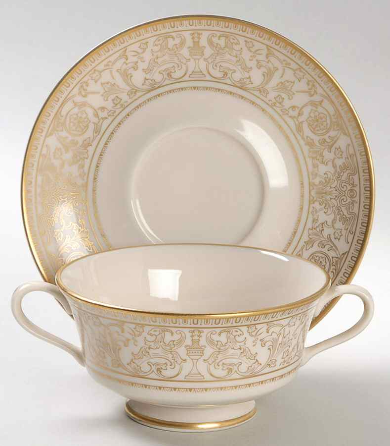 Lorenzo De Medici (Ivory with Gold) Footed Cream Soup Bowl & Saucer Set by Gorham-1