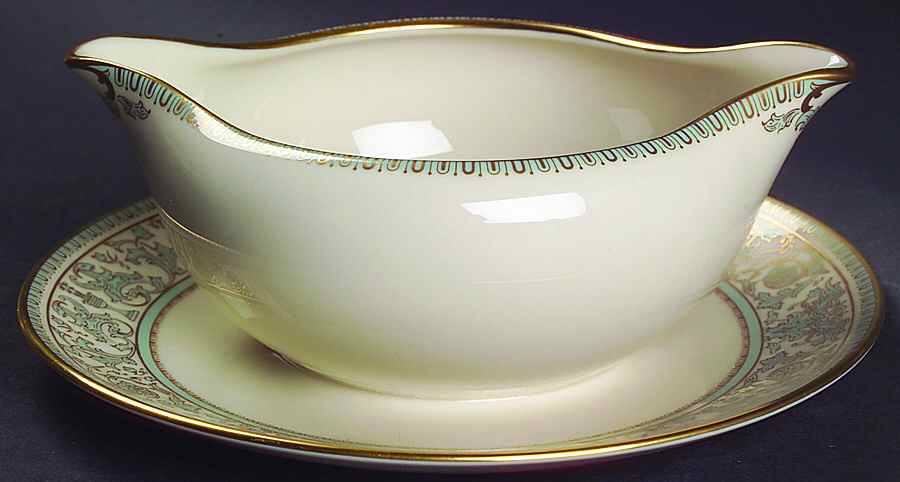 Lorenzo de Medici (Green-Blue with Gold) Gravy Boat with Attached Underplate by Gorham-1