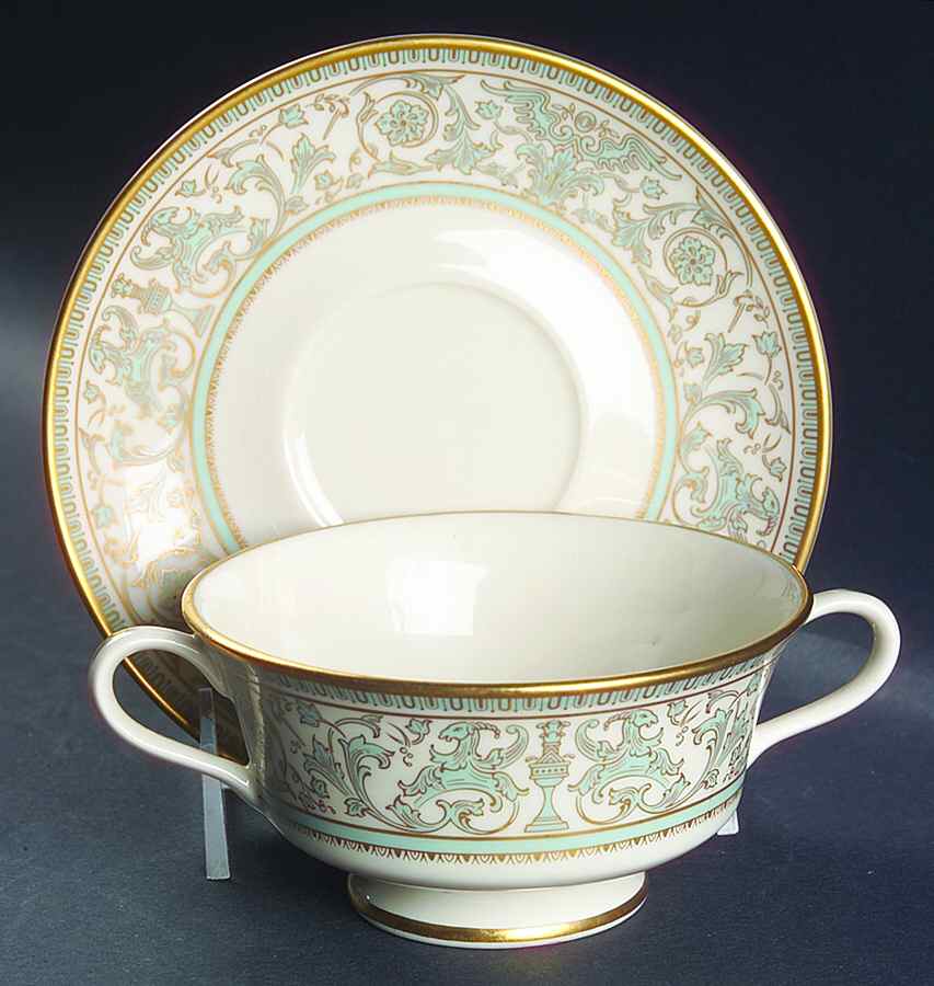 Lorenzo de Medici (Green-Blue with Gold) Footed Cream Soup Bowl & Saucer Set by Gorham-1