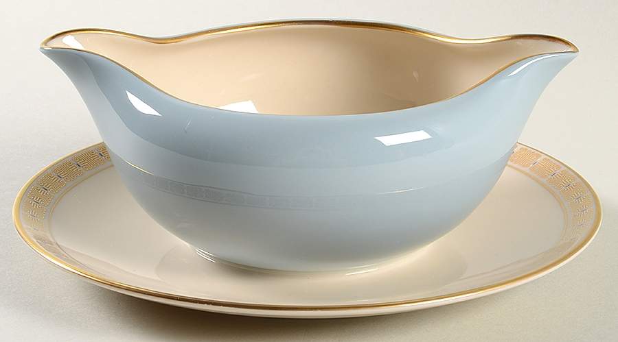 Ming Sky Blue Gravy Boat with Attached Underplate by Gorham-1