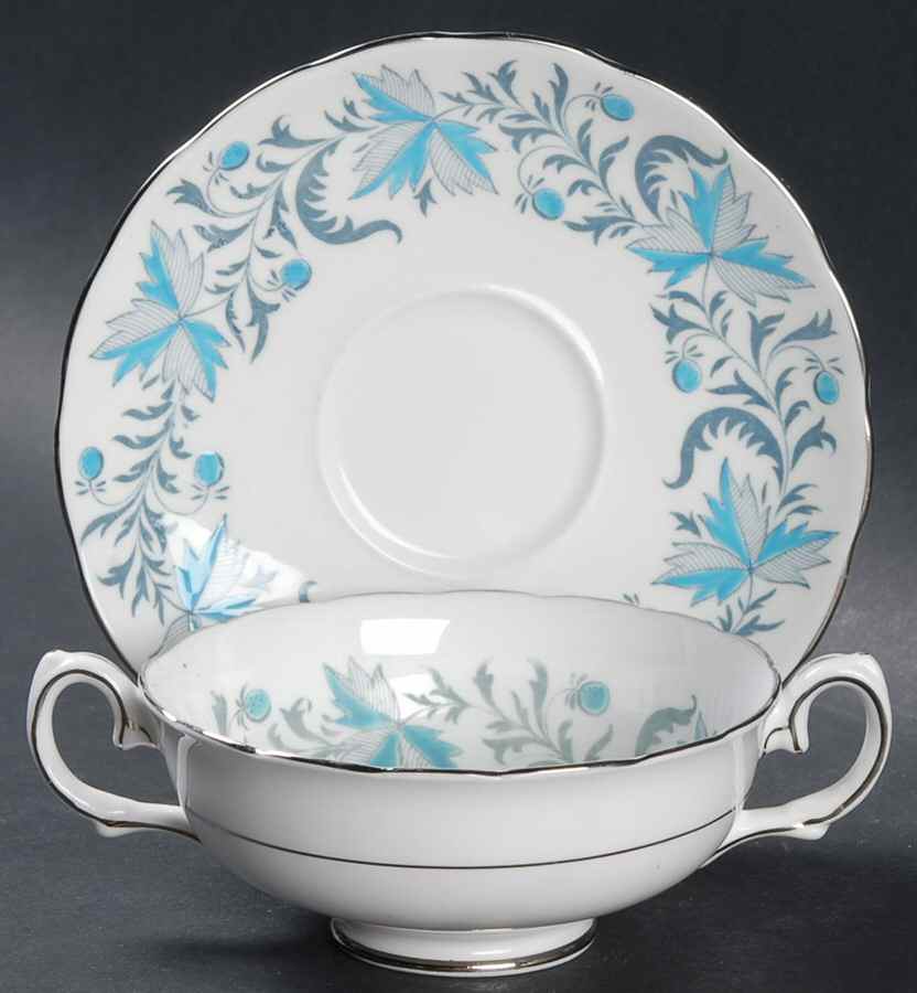Debutante (Platinum Trim) Footed Cream Soup Bowl & Saucer Set by Grosvenor-1