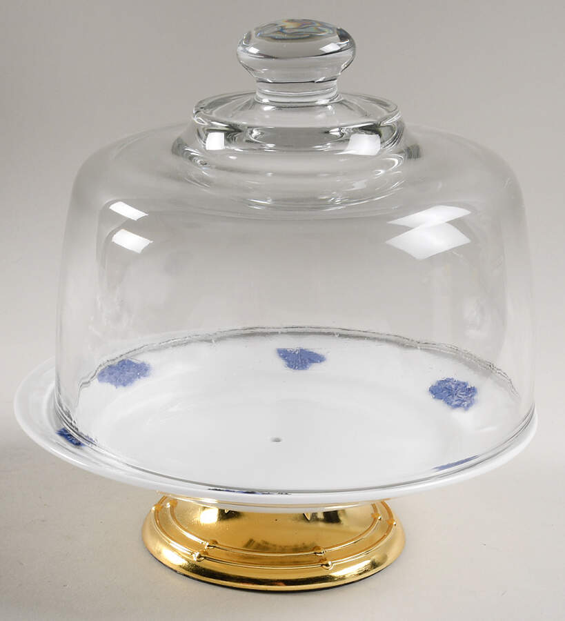 Bla Blom (Pattern Name Not On Back) 6 1/2"-7 1/2" Footed Cheese Plate w/ Glass Dome HC by Gustavsberg-1