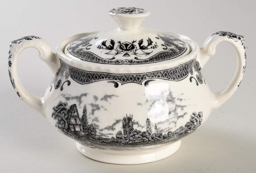 Scenes After Constable Black (Center & Rim Design) Sugar Bowl & Lid by Grindley-1