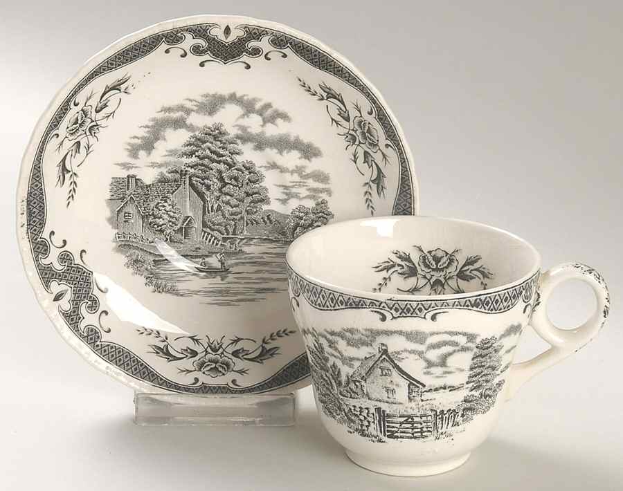 Scenes After Constable Black (Center & Rim Design) Flat Cup & Saucer Set by Grindley-1