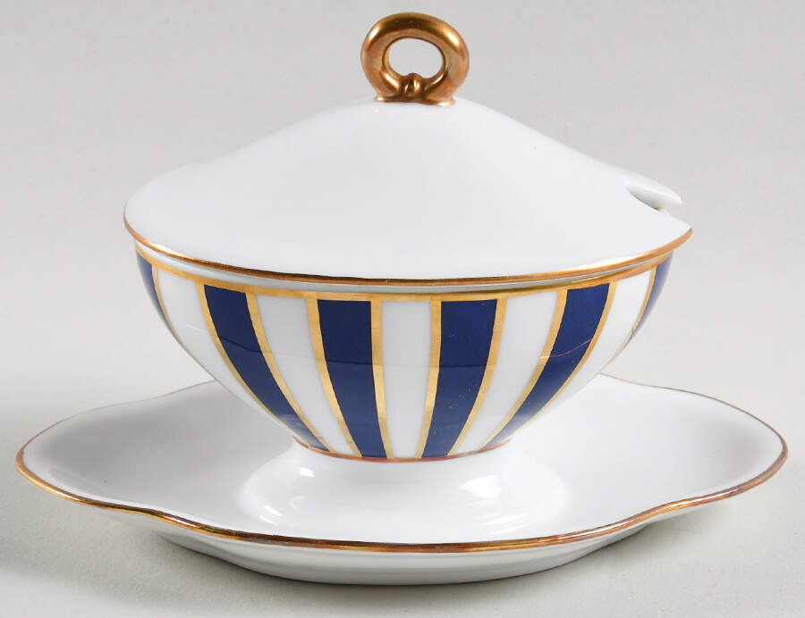 Amadeus Blue Oval Mustard W/Lid & Attached Underplate by Ginori 1735-1