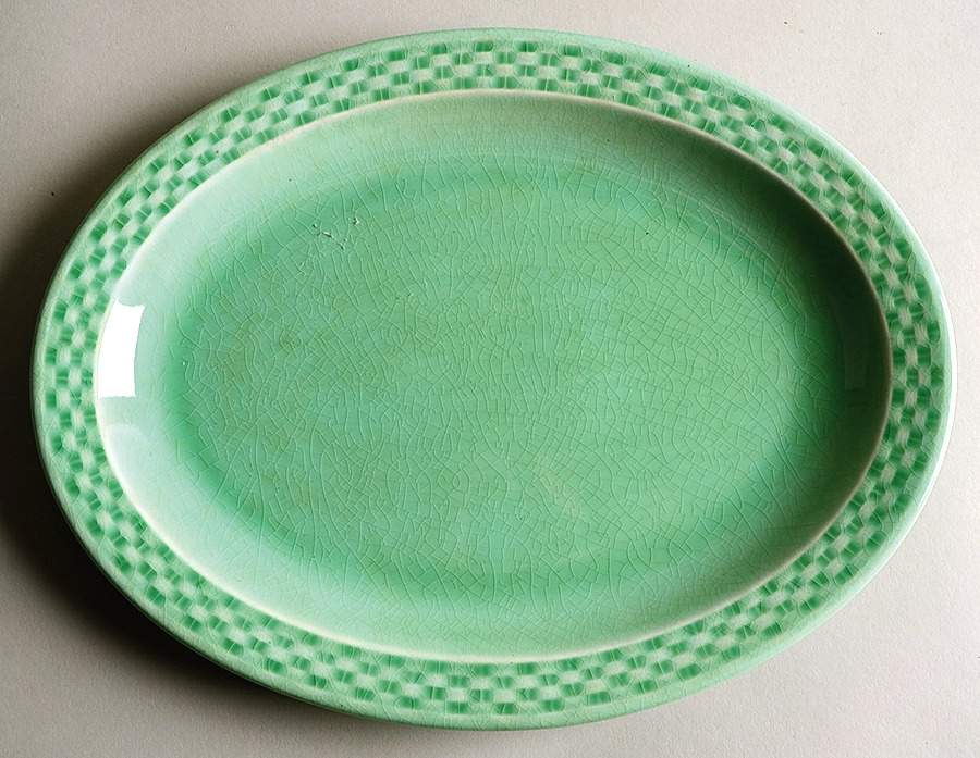 Basketweave Green 11" Oval Serving Platter by WS George-1