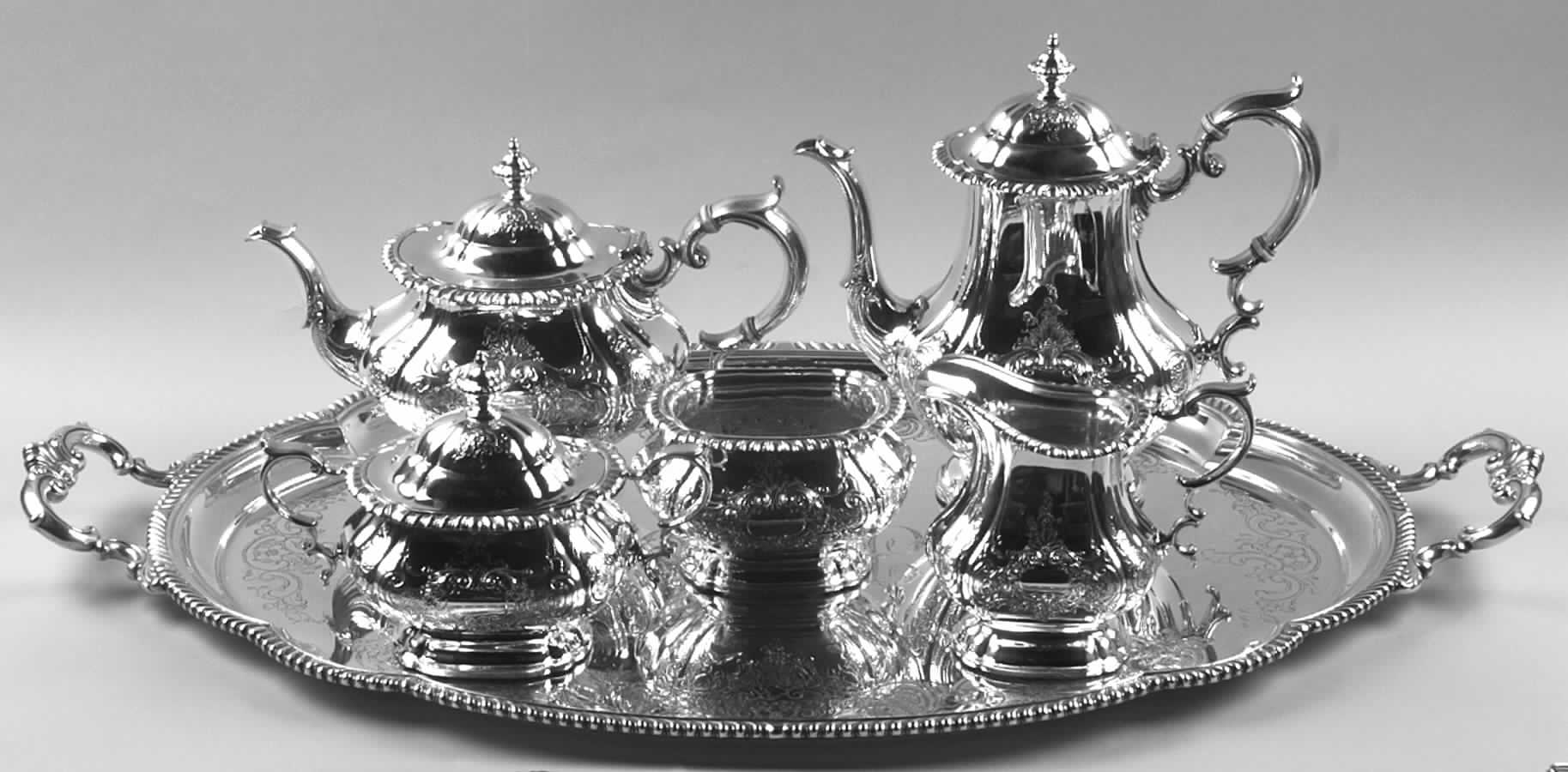 Gadroon (Sterling, Hand Chased, Hollowware) 6 Piece Tea Set (SCP, STP, SCR, SSU, SWB, WTL) by Gorham Silver-1