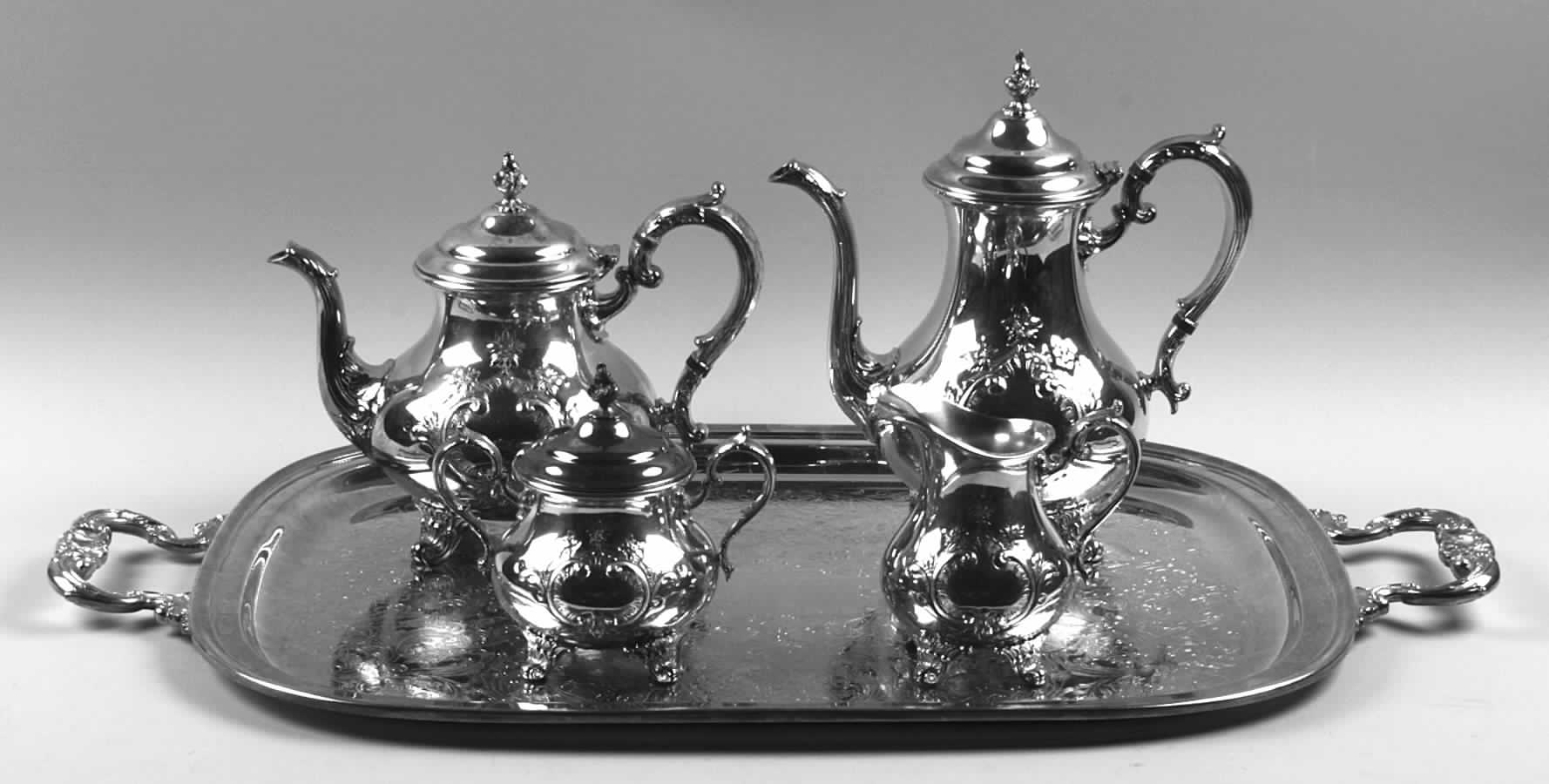 Duchess-Chased (Silverplate, Hollowware) 5-Piece Silverplate Tea Set (with Tray) by Gorham Silver-1