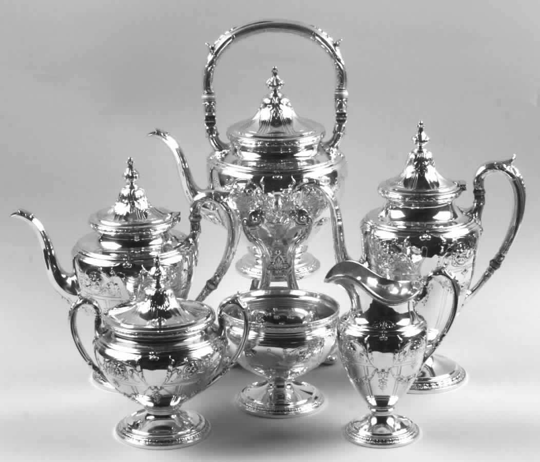 A11351 (Sterling, Hollowware) 6 Piece Tea Set (SCP, STP, SCR, SSU, SWB, SKES) by Gorham Silver-1