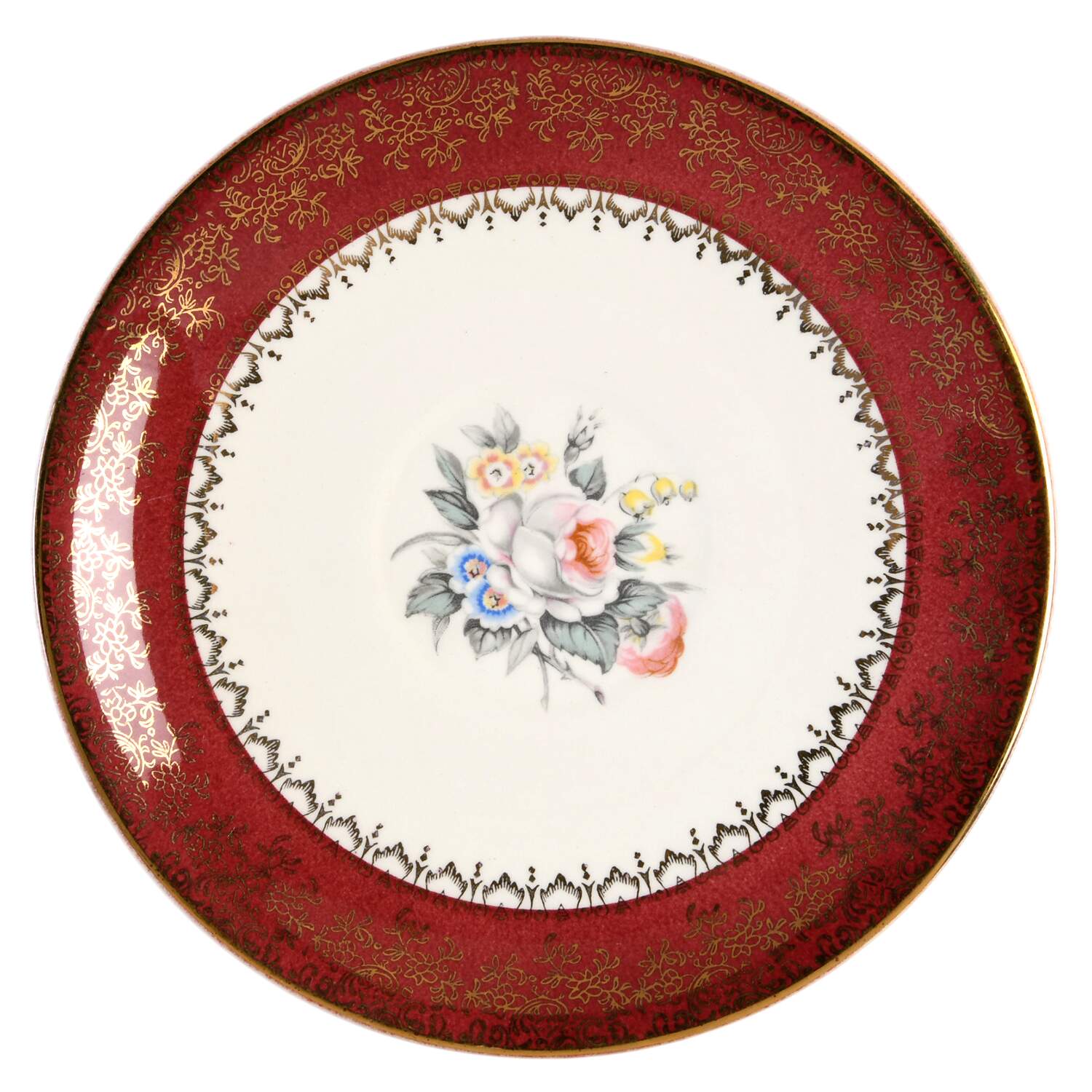 Tudor Rose (Floral Center, Maroon Rim) Saucer by Georgian China-1