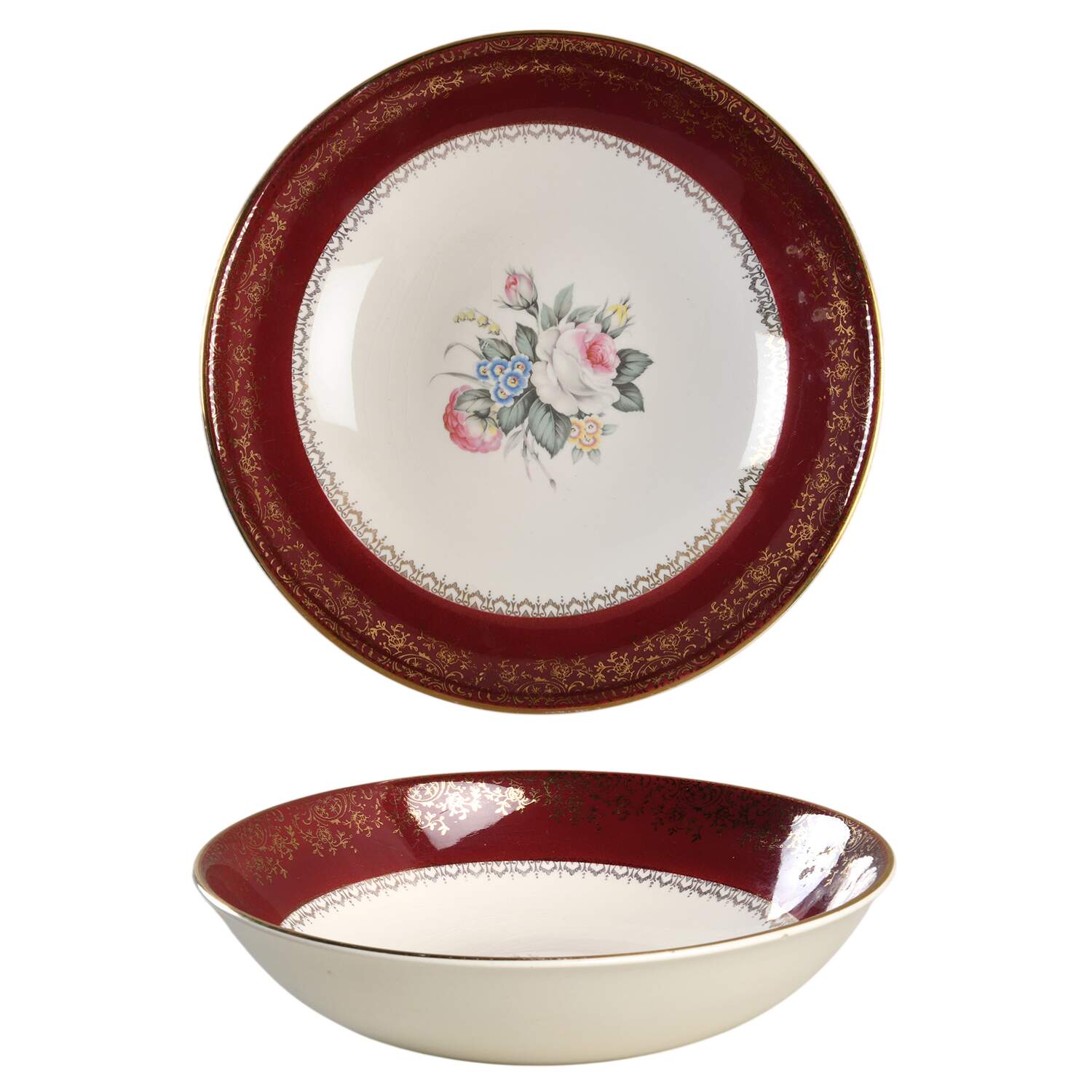 Tudor Rose (Floral Center, Maroon Rim) 8" Round Vegetable Bowl by Georgian China-1