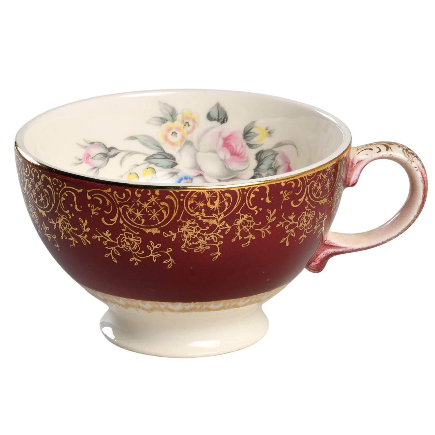 Tudor Rose (Floral Center, Maroon Rim) Footed Cup by Georgian China-1