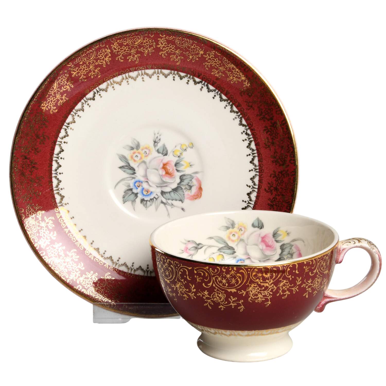 Tudor Rose (Floral Center, Maroon Rim) Footed Cup & Saucer Set by Georgian China-1