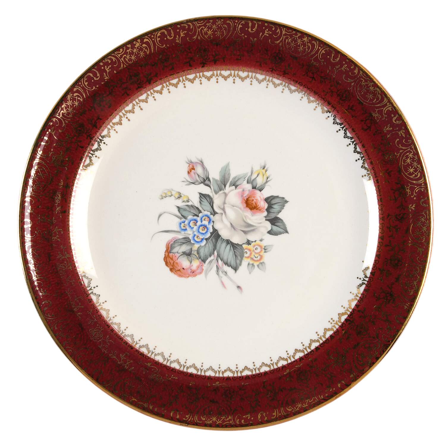 Tudor Rose (Floral Center, Maroon Rim) Salad Plate by Georgian China-1
