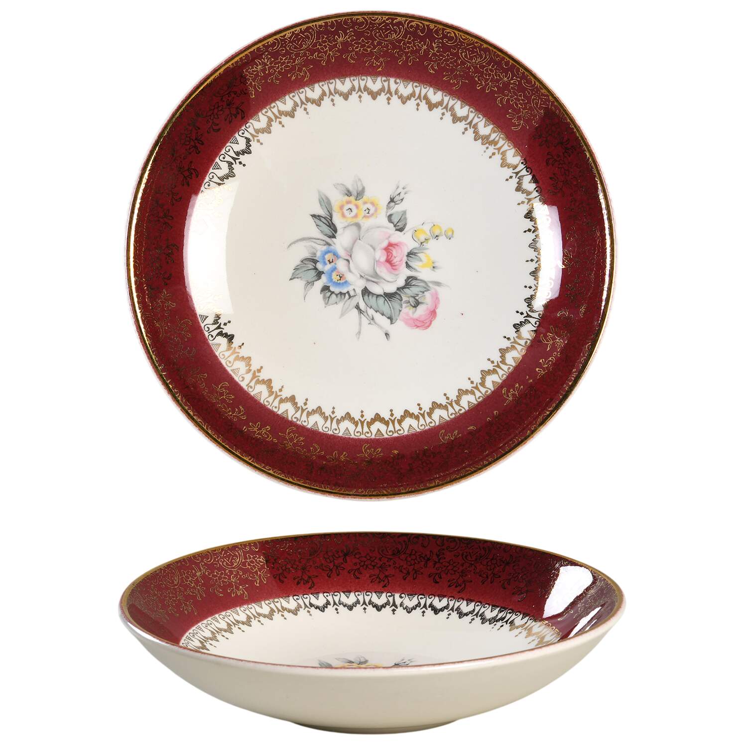 Tudor Rose (Floral Center, Maroon Rim) Fruit/Dessert (Sauce) Bowl by Georgian China-1