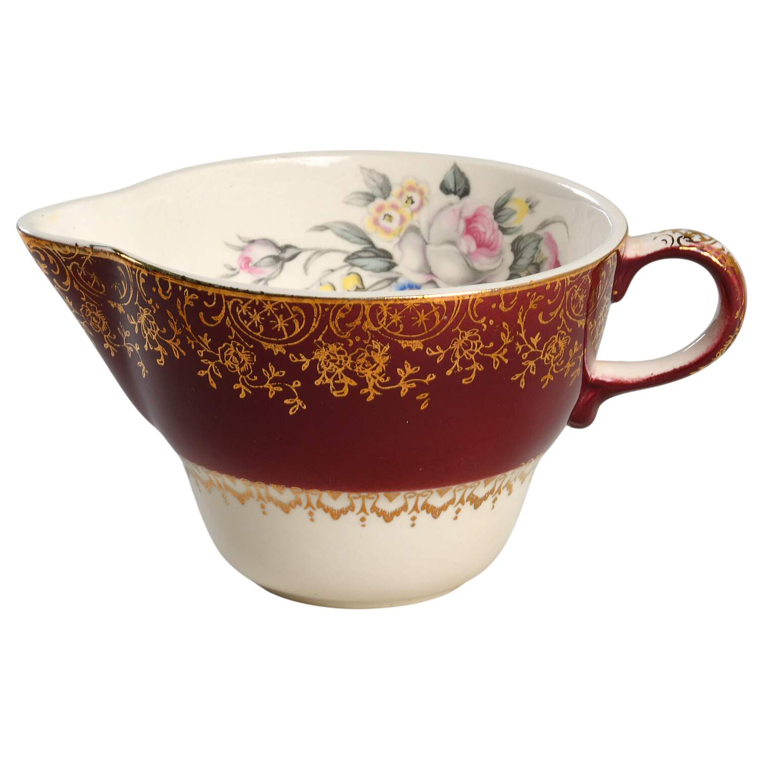 Tudor Rose (Floral Center, Maroon Rim) Creamer by Georgian China-1