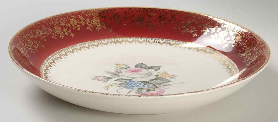 Tudor Rose (Floral Center, Maroon Rim) Coupe Soup Bowl by Georgian China-1