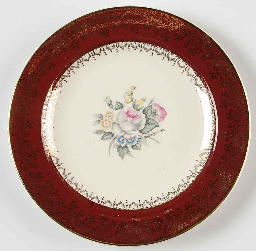 Tudor Rose (Floral Center, Maroon Rim) Bread & Butter Plate by Georgian China-1