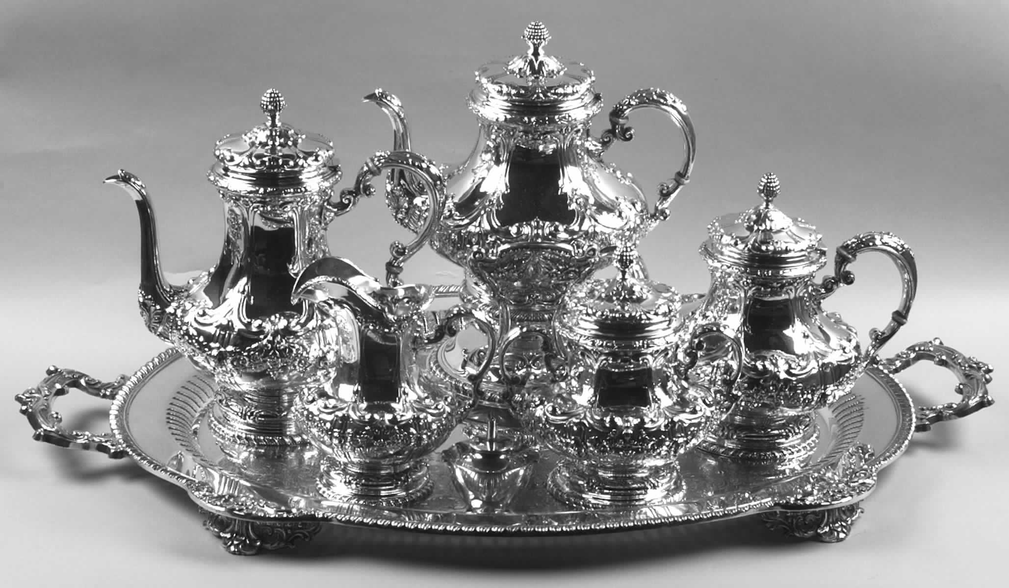 2721 (Sterling, Hollowware) 7 Piece Tea Set (SCP, STP, SCR, SSU, SWB, SKES & WTL) by Gorham Silver-1
