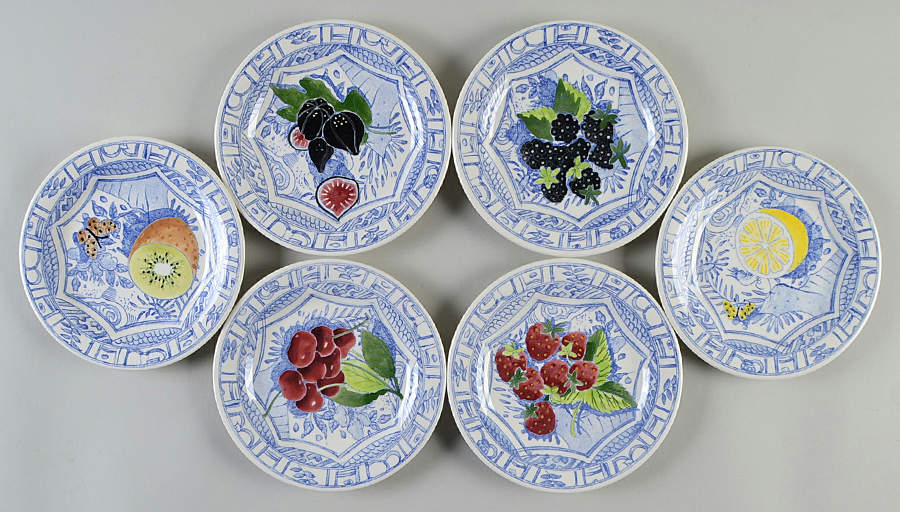 Oiseau Bleu (Fruit) Canape Plate - Set of 6 Motifs by Faiencerie De Gien-1