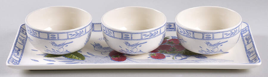 Oiseau Bleu (Fruit) Hostess Set-13" Tray & 3 4" All Purpose Bowls by Faiencerie De Gien-1