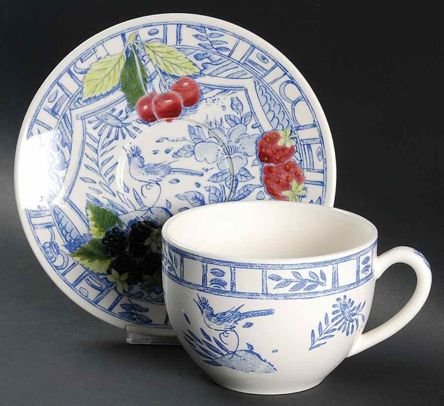 Oiseau Bleu (Fruit) Jumbo Cup & Saucer Set by Faiencerie De Gien-1