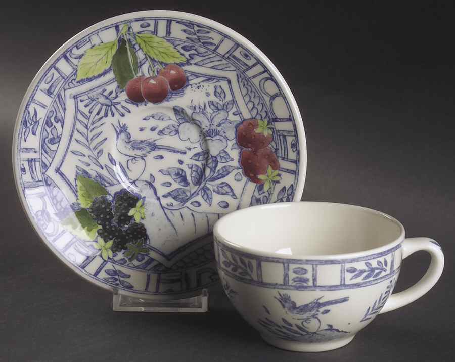 Oiseau Bleu (Fruit) Flat Cup & Saucer Set by Faiencerie De Gien-1