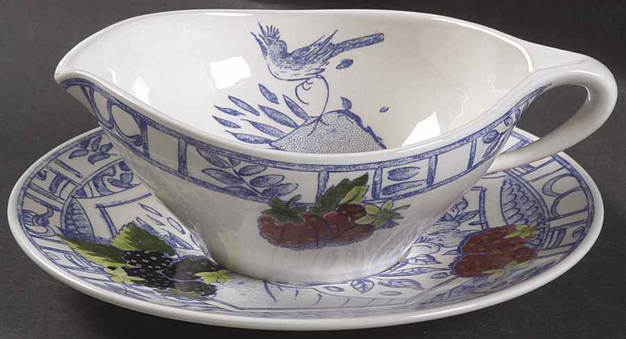 Oiseau Bleu (Fruit) Open Sauce Boat & Underplate by Faiencerie De Gien-1