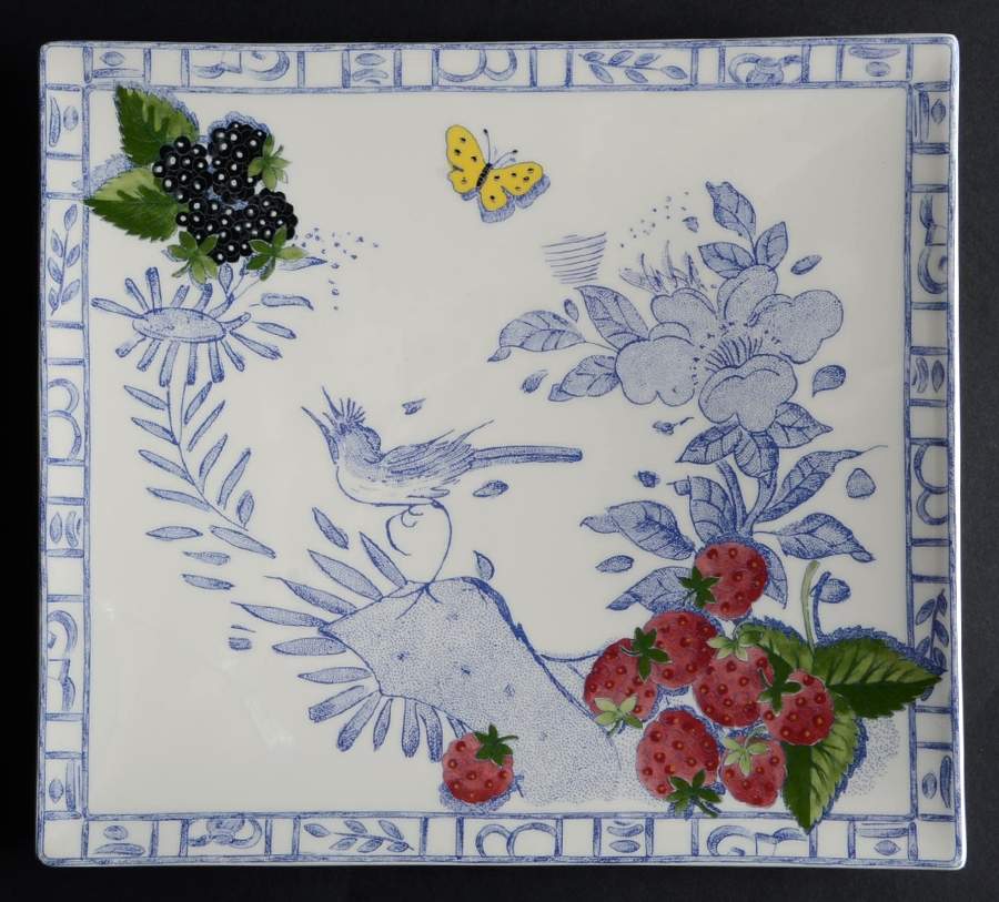 Oiseau Bleu (Fruit) 11" Square Serving Platter by Faiencerie De Gien-1