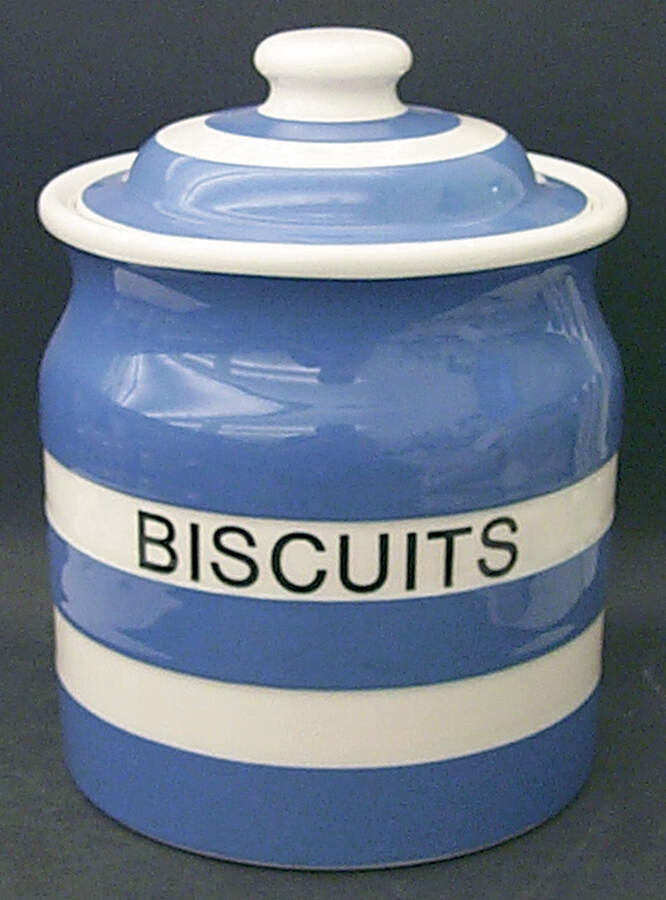 Cornish Blue Cream Cornishware Biscuit Barrel & Lid by T G Green (England)-1