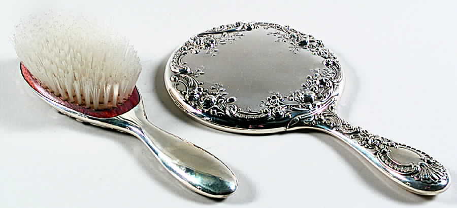 Dresden Rose (Sterling, Hollowware) 2 Pc Vanity Set (Hair Brush and Mirror) by Gorham Silver-1