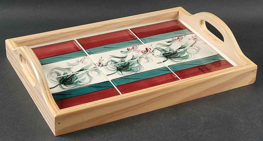 Red Grapevine Rectangular Wood Tray with Tile Insert by Gail Pittman-1