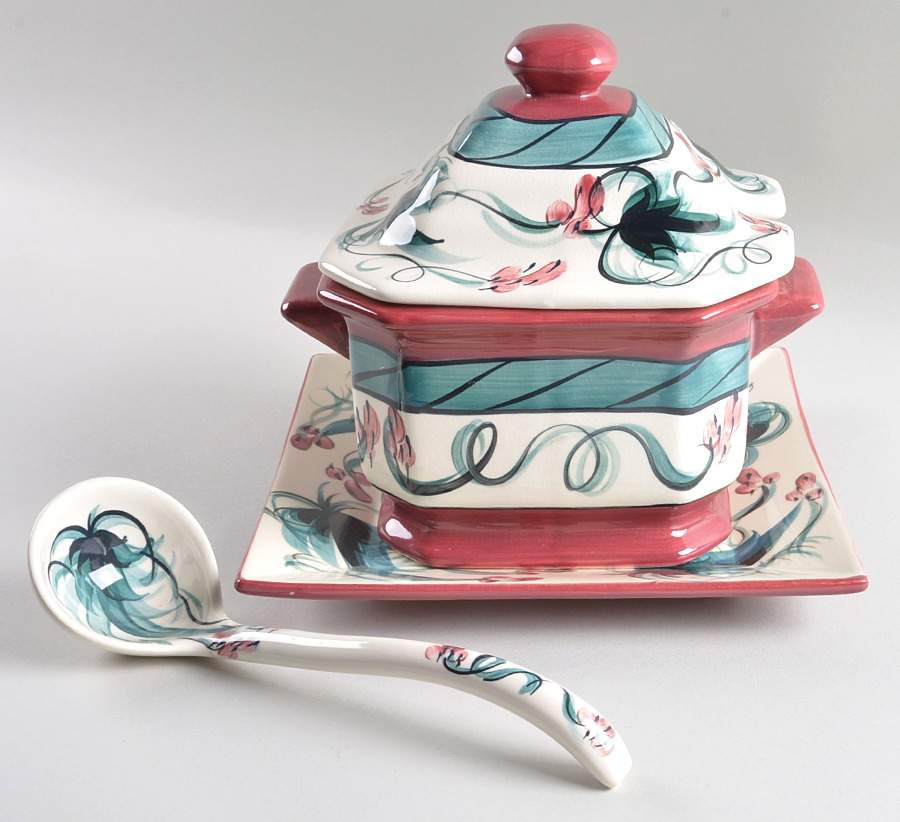 Red Grapevine Tureen & Lid w/Ladle & Underplate by Gail Pittman-1