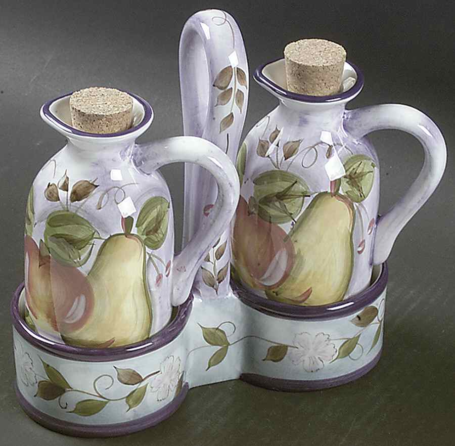 Bella Fruita Rim 2 Oil/Vinegar W/Cork Stoppers in Center Hndl Tray by Gibson Designs-1
