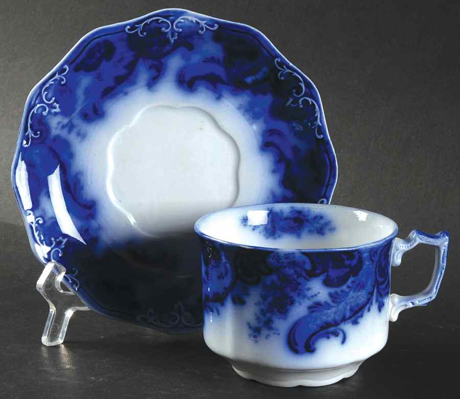 Argyle (Flow Blue, No Gold) Flat Cup & Saucer Set by Grindley-1