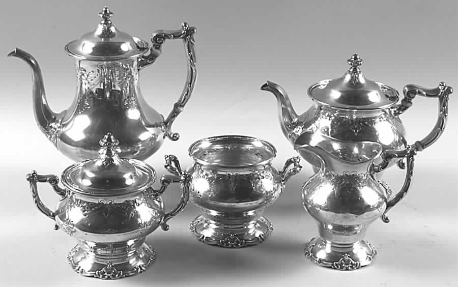 A8661 (Sterling, Hollowware) 5 Piece Tea Set (SCP, STP, SCR, SSU, SWB) by Gorham Silver-1