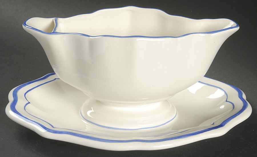 Filets Bleus (Blue) Gravy Boat with Attached Underplate by Faiencerie De Gien-1