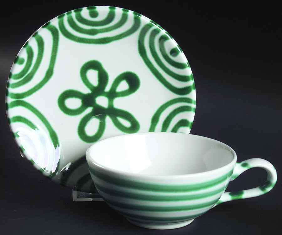 Green Stripe Forest Green (Coupe Shape) Flat Cup & Saucer Set by Gmundner Austria-1