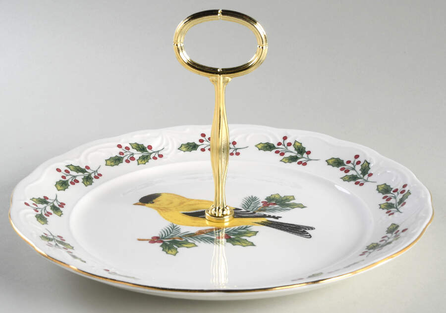 SONGBIRDS (GOLD TRIM & HOLLY) Round Serving Plate with Center Handle (Dp) Hc by Gibson Designs-1