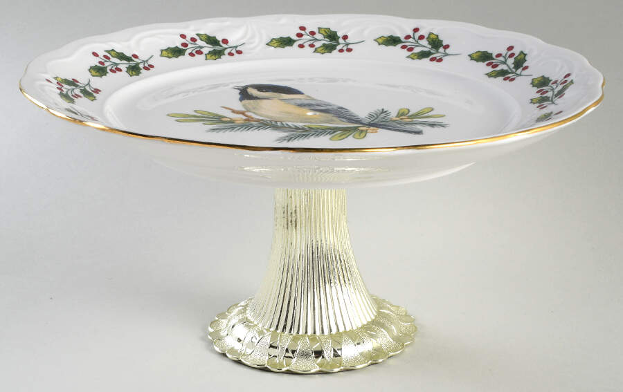 SONGBIRDS (GOLD TRIM & HOLLY) Cake Stand with 4"-5" Metal Pedestal  Hc by Gibson Designs-1