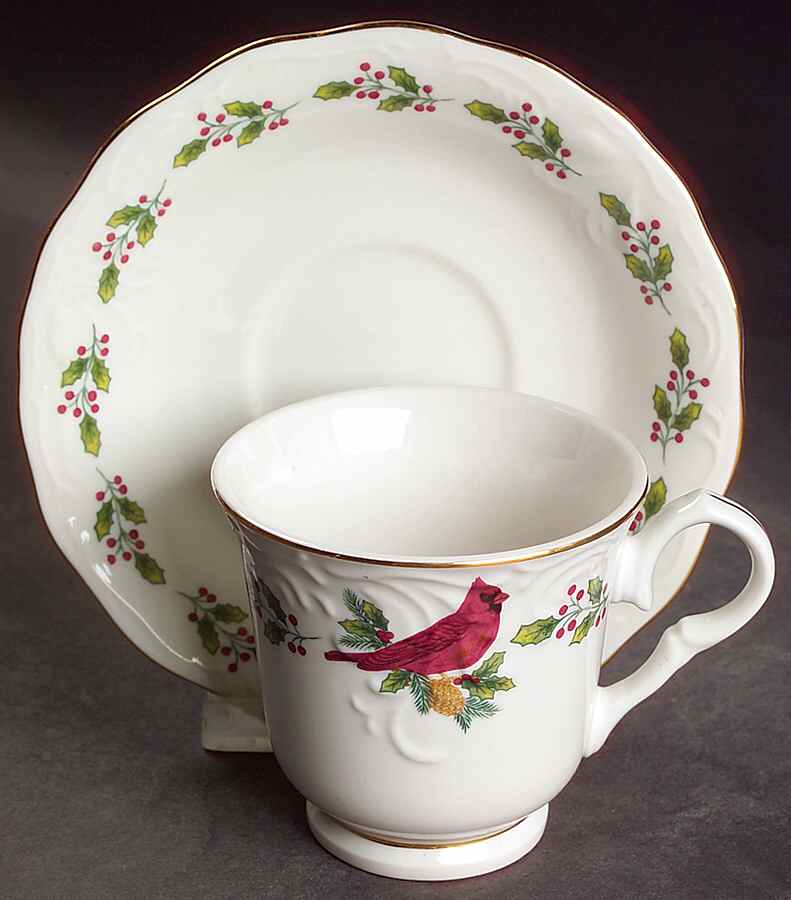 SONGBIRDS (GOLD TRIM & HOLLY) Footed Cup & Saucer Set by Gibson Designs-1
