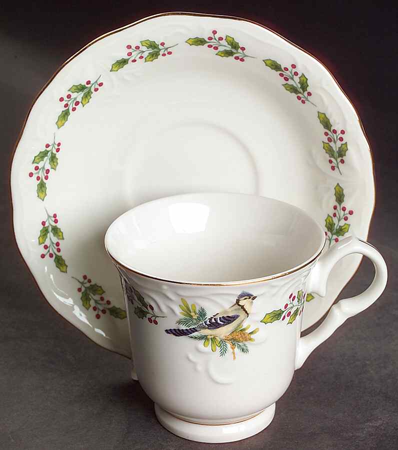 SONGBIRDS (GOLD TRIM & HOLLY) Footed Cup & Saucer Set by Gibson Designs-1