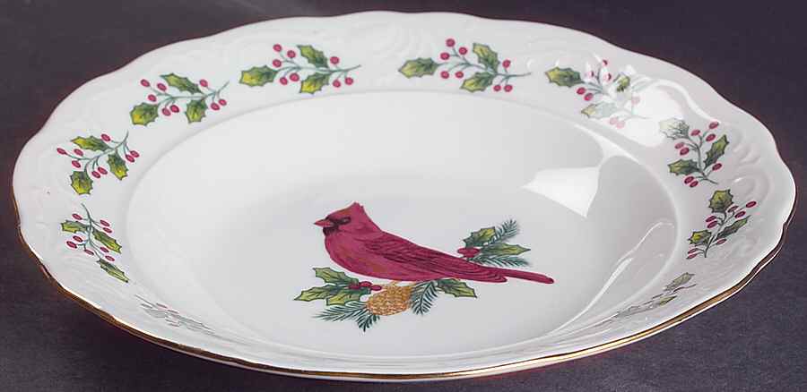 SONGBIRDS (GOLD TRIM & HOLLY) Rim Soup Bowl by Gibson Designs-1