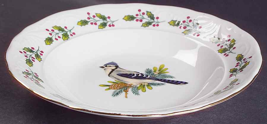 SONGBIRDS (GOLD TRIM & HOLLY) Rim Soup Bowl by Gibson Designs-1