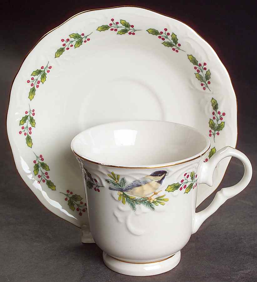 SONGBIRDS (GOLD TRIM & HOLLY) Footed Cup & Saucer Set by Gibson Designs-1